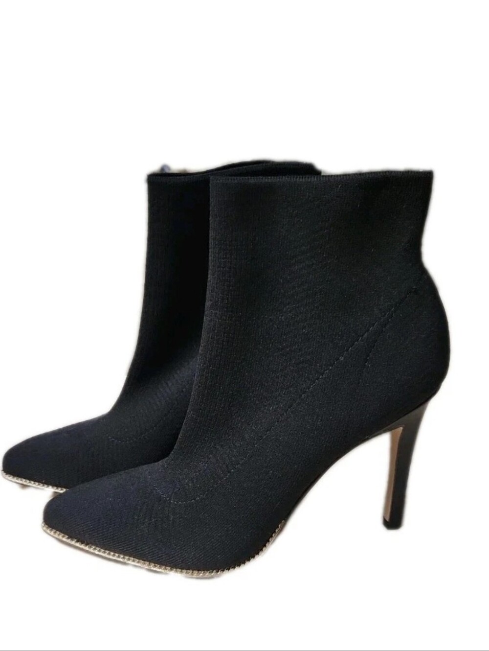 BCBGeneration Hilston Black Fabric Pointy Toe Stiletto Chain Ankle Boot Size 6.5